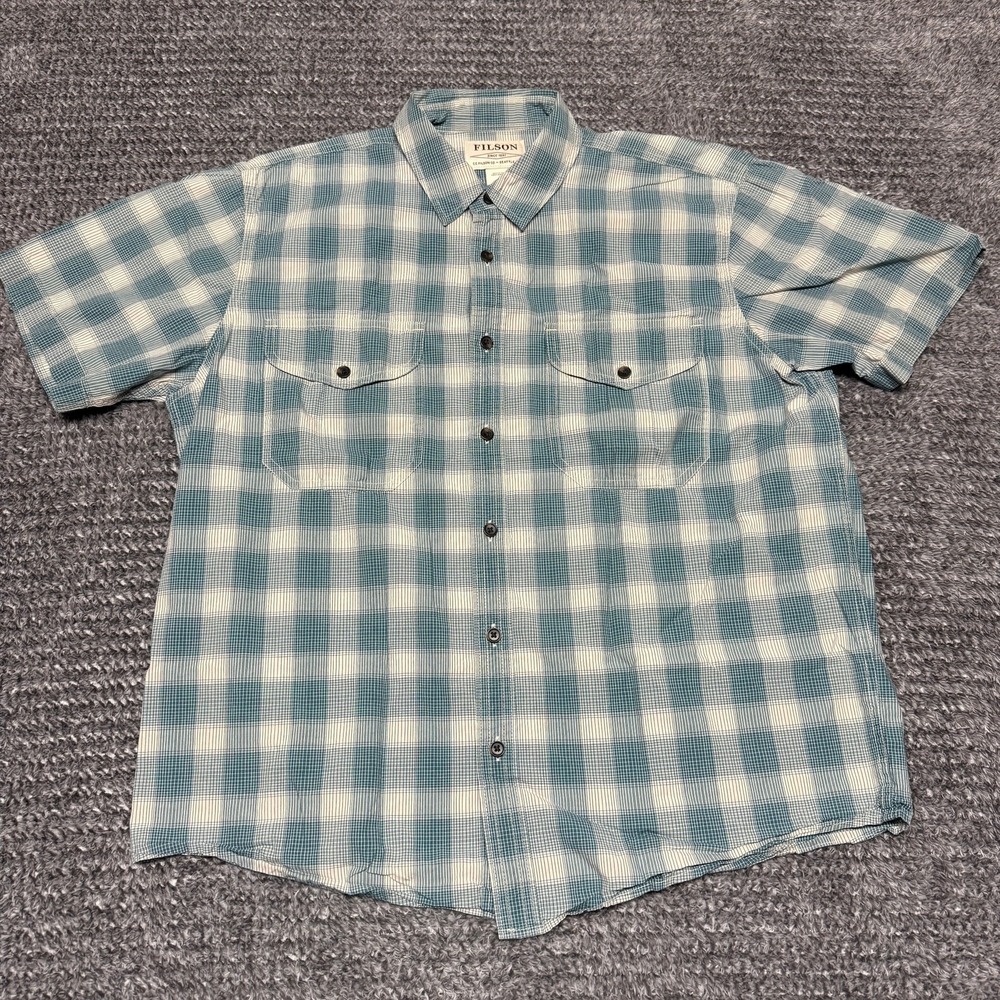 Filson Mens Short Sleeve Button‎ Up Shirt L Teal Cream Plaid Workwear